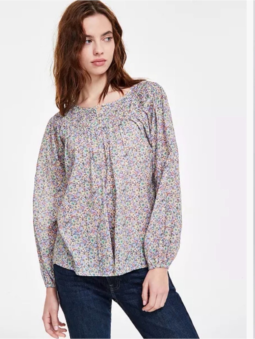 Lucky Brand Lavender Floral Blouse with Olive and Rust Accents